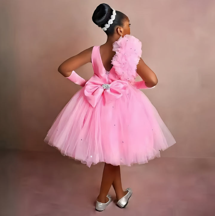 TinyTulle Blush Pink Sparkle Tulle Flower Girl Dress with Floral Ruffle Detail
