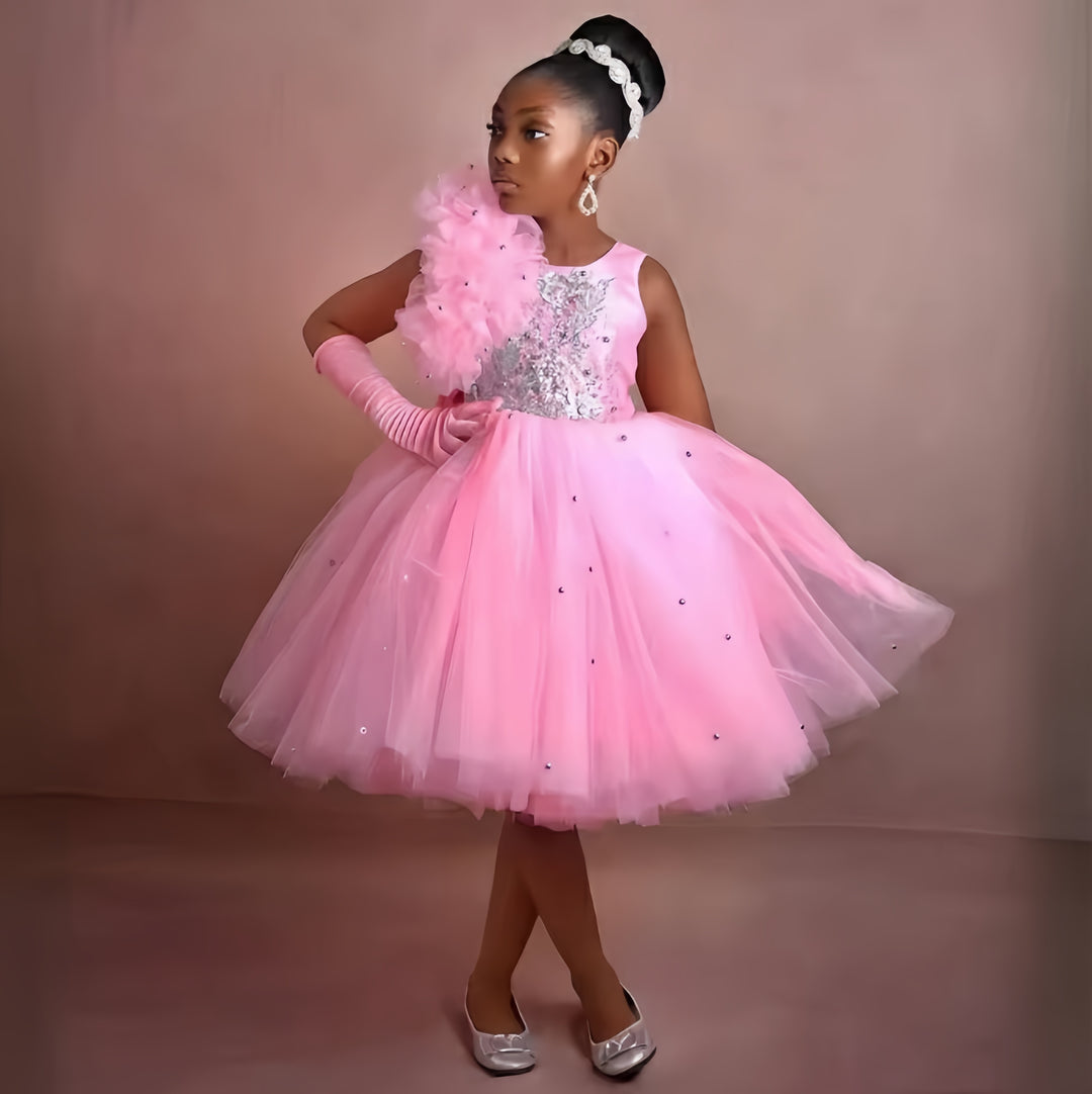 TinyTulle Blush Pink Sparkle Tulle Flower Girl Dress with Floral Ruffle Detail