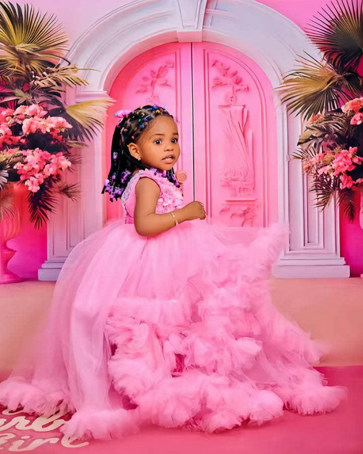 TinyTulle Pink Ruffle Train Flower Girl Dress with Floral Appliqué Bodice