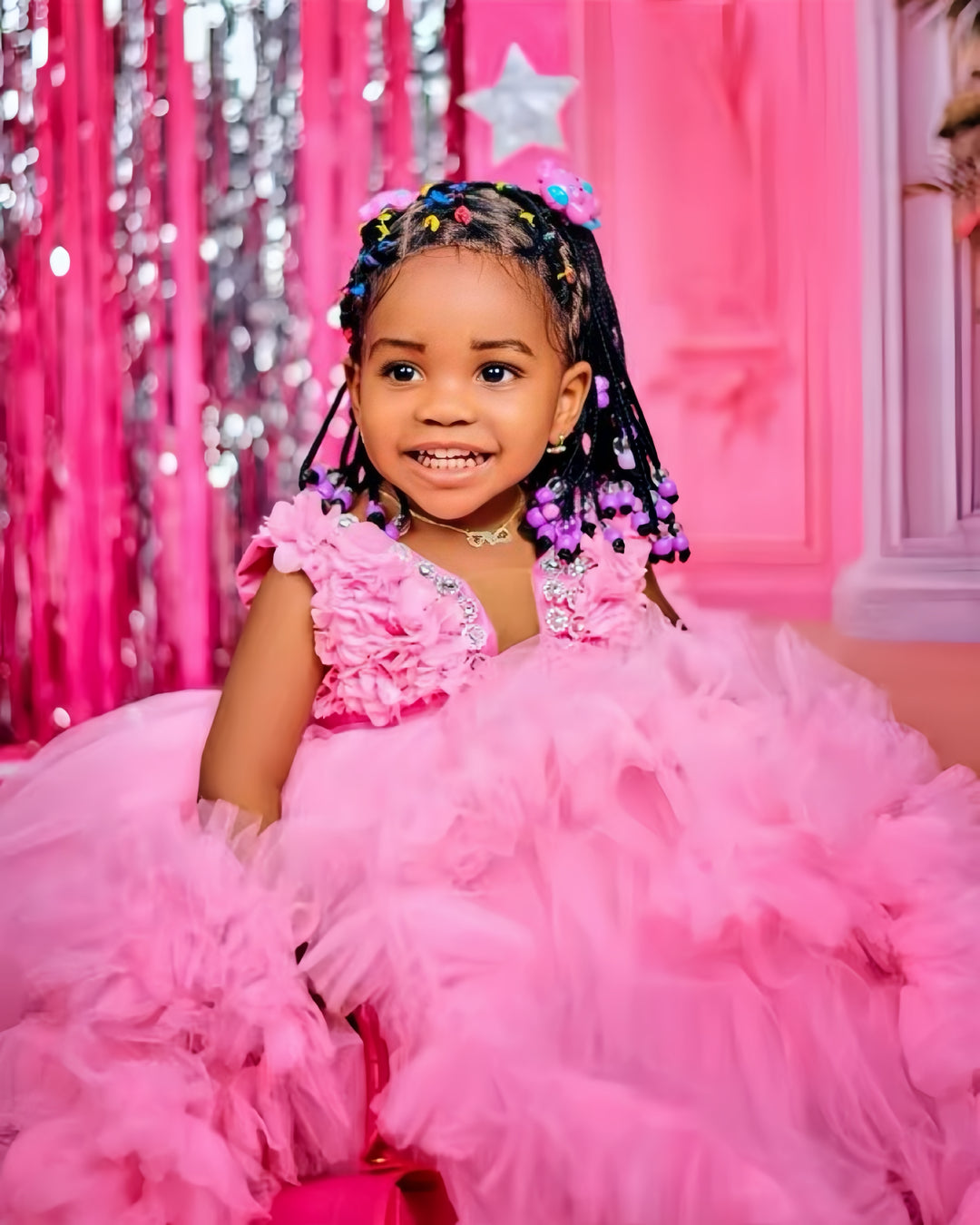 TinyTulle Pink Ruffle Train Flower Girl Dress with Floral Appliqué Bodice
