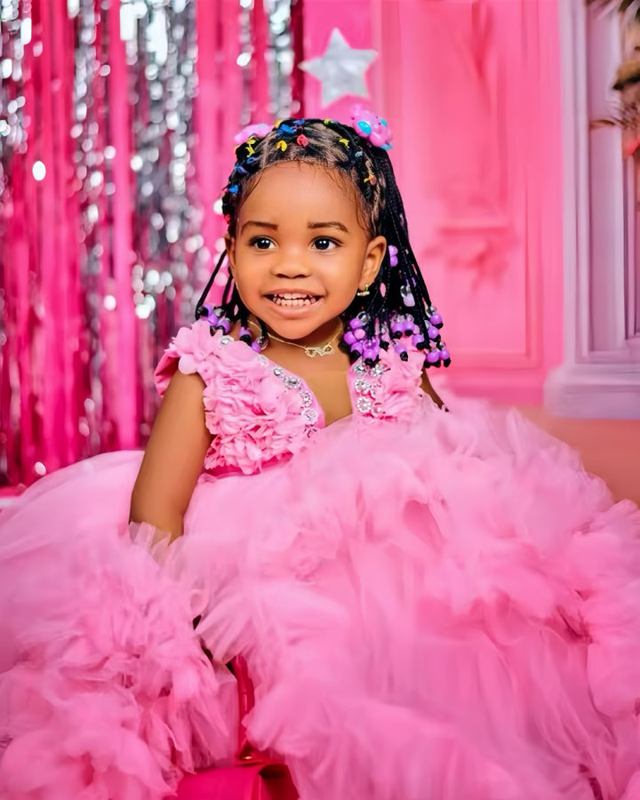TinyTulle Pink Ruffle Train Flower Girl Dress with Floral Appliqué Bodice