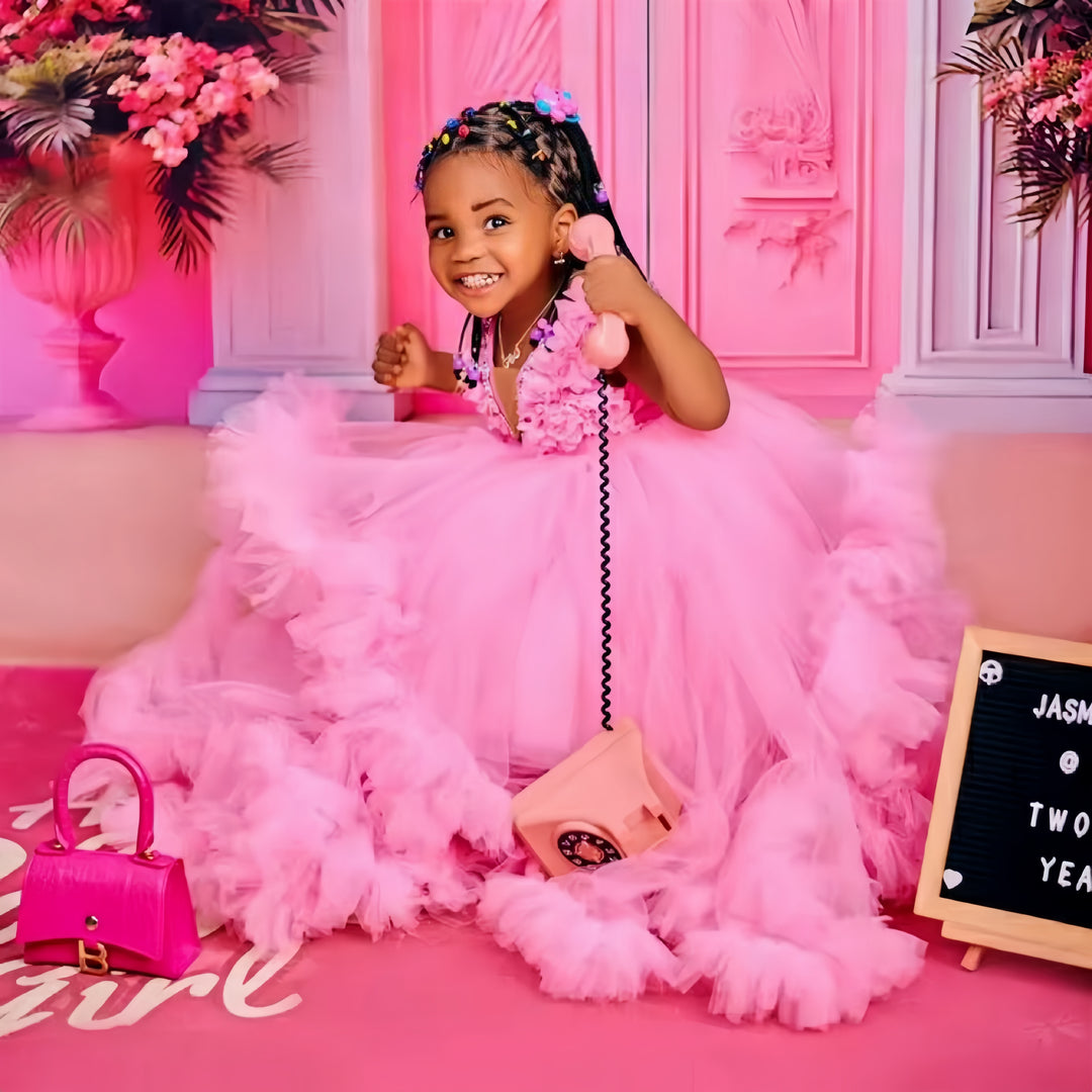 TinyTulle Pink Ruffle Train Flower Girl Dress with Floral Appliqué Bodice