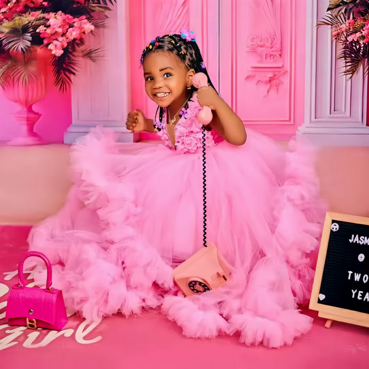 TinyTulle Pink Ruffle Train Flower Girl Dress with Floral Appliqué Bodice