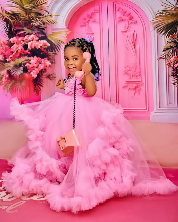 TinyTulle Pink Ruffle Train Flower Girl Dress with Floral Appliqué Bodice