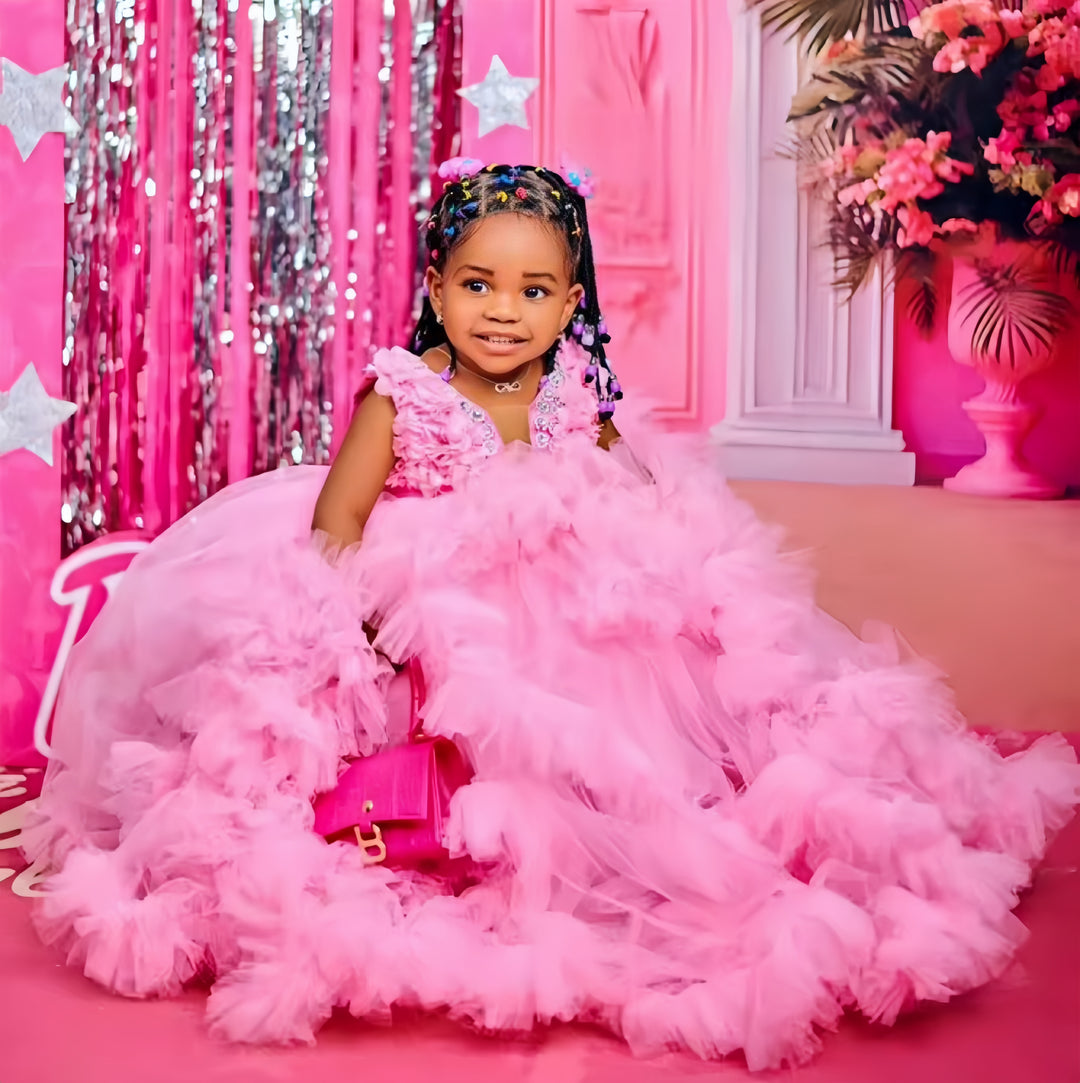 TinyTulle Pink Ruffle Train Flower Girl Dress with Floral Appliqué Bodice