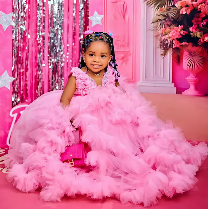 TinyTulle Pink Ruffle Train Flower Girl Dress with Floral Appliqué Bodice