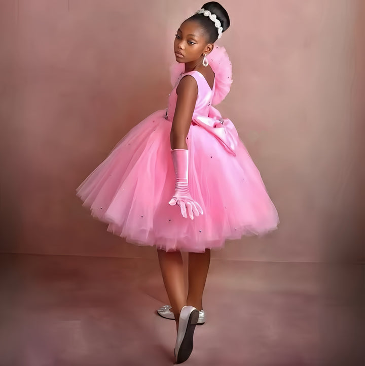 TinyTulle Blush Pink Sparkle Tulle Flower Girl Dress with Floral Ruffle Detail