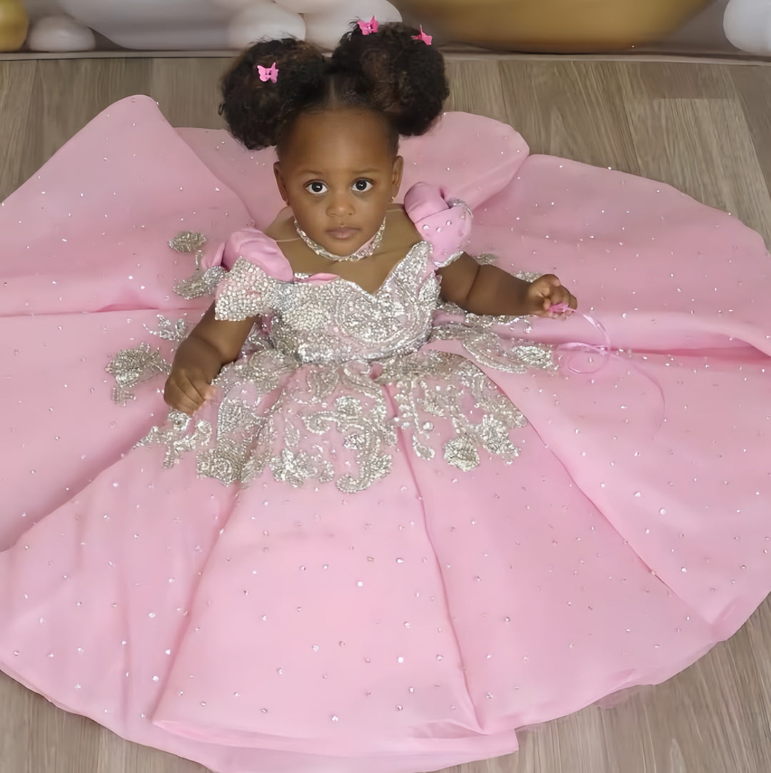 TinyTulle Sparkling Pink Princess Ball Gown Flower Girl Dress with Puff Sleeves