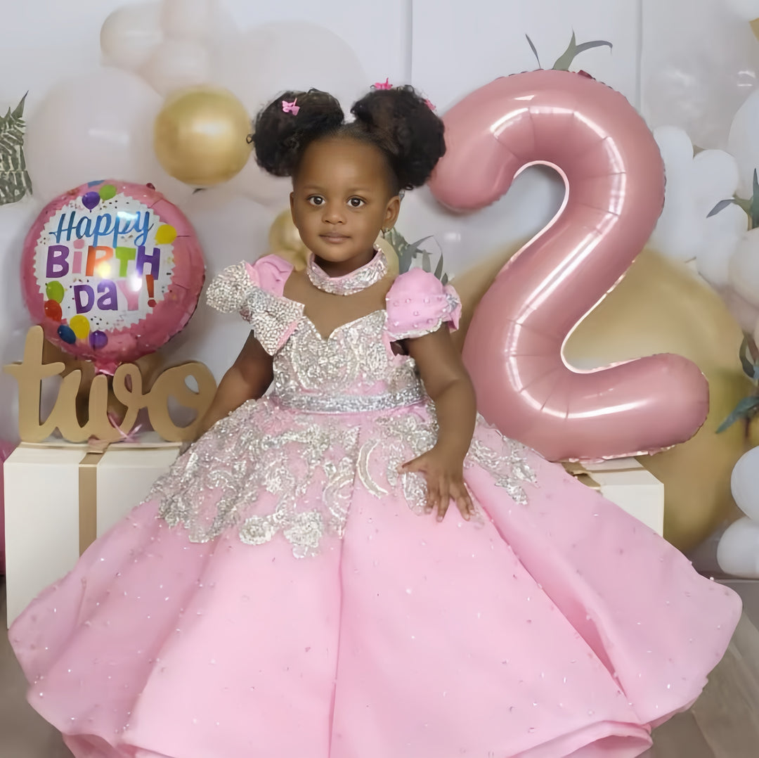 TinyTulle Sparkling Pink Princess Ball Gown Flower Girl Dress with Puff Sleeves