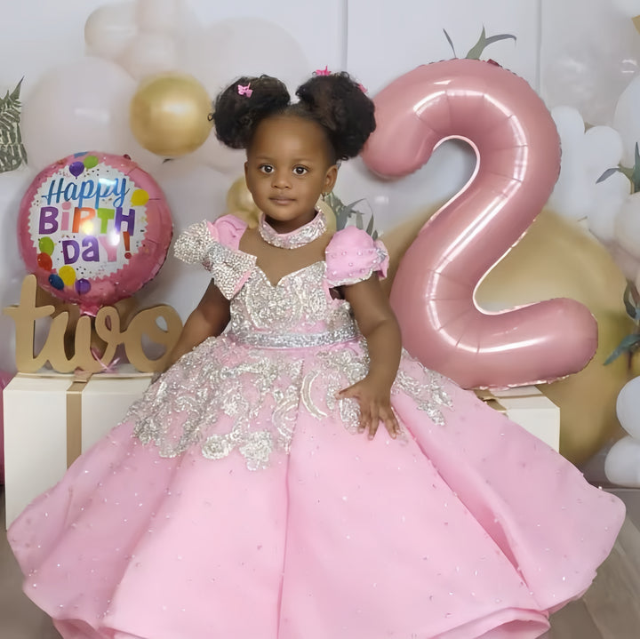 TinyTulle Sparkling Pink Princess Ball Gown Flower Girl Dress with Puff Sleeves