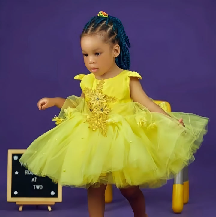 TinyTulle Sunshine Yellow Floral Appliqué Tulle Flower Girl Dress