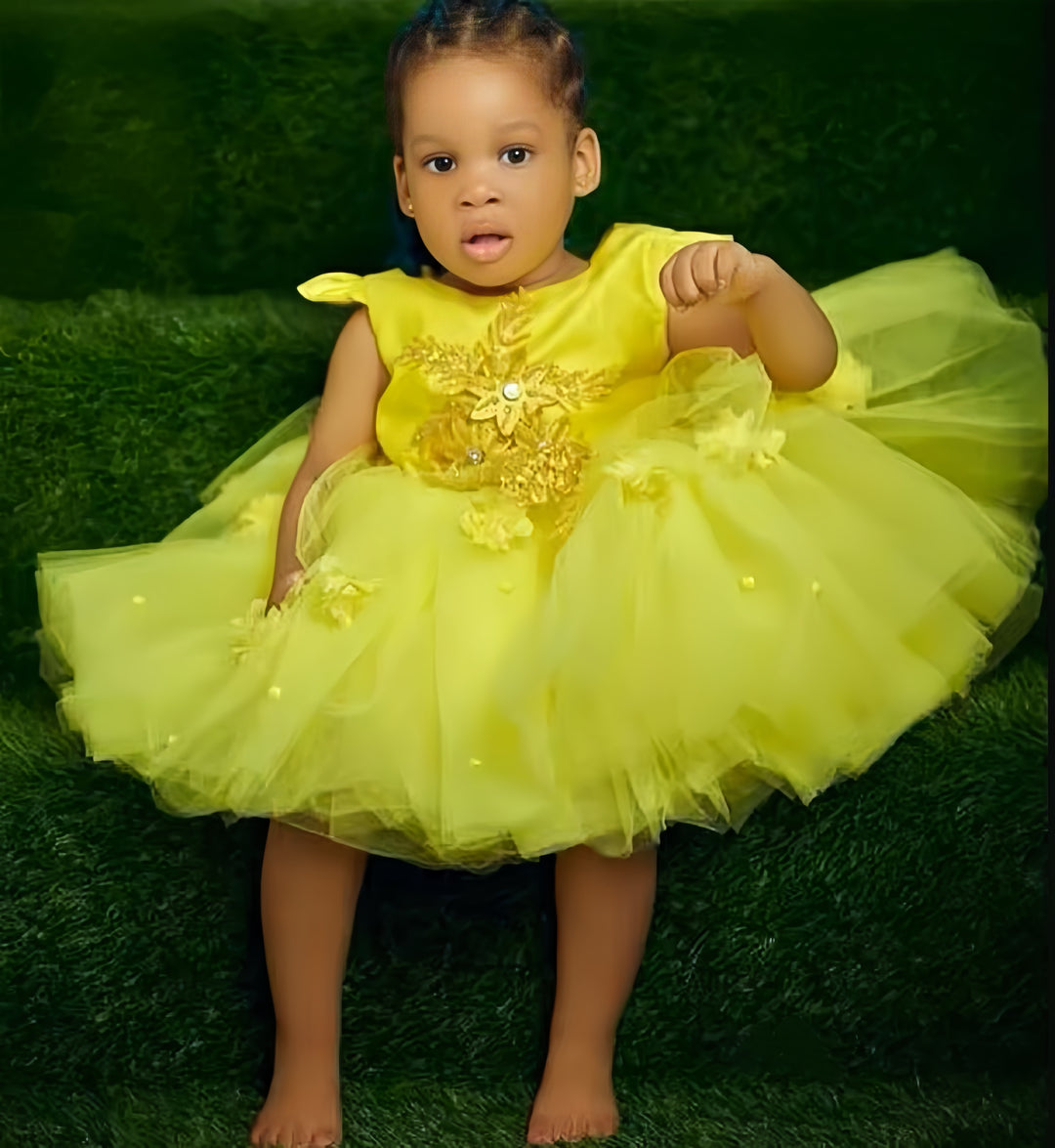 TinyTulle Sunshine Yellow Floral Appliqué Tulle Flower Girl Dress