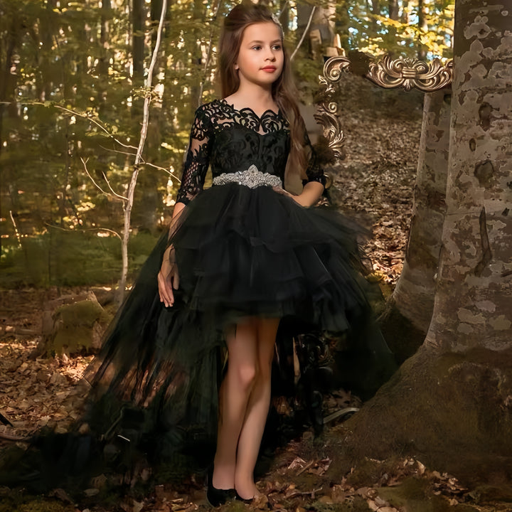 TinyTulle Princess Black Lace Asymmetrical Flower Girl Dress with Beaded Belt