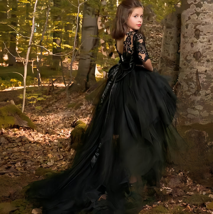 TinyTulle Princess Black Lace Asymmetrical Flower Girl Dress with Beaded Belt