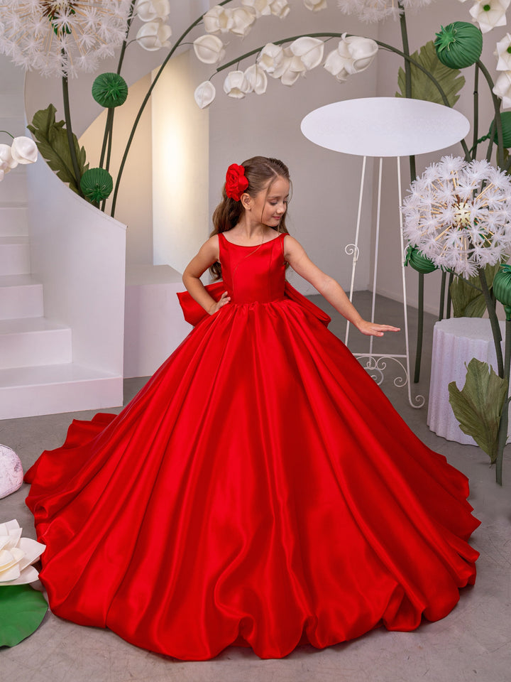 TinyTulle Red Satin Sleeveless Ball Gown Flower Girl Dress with Bow