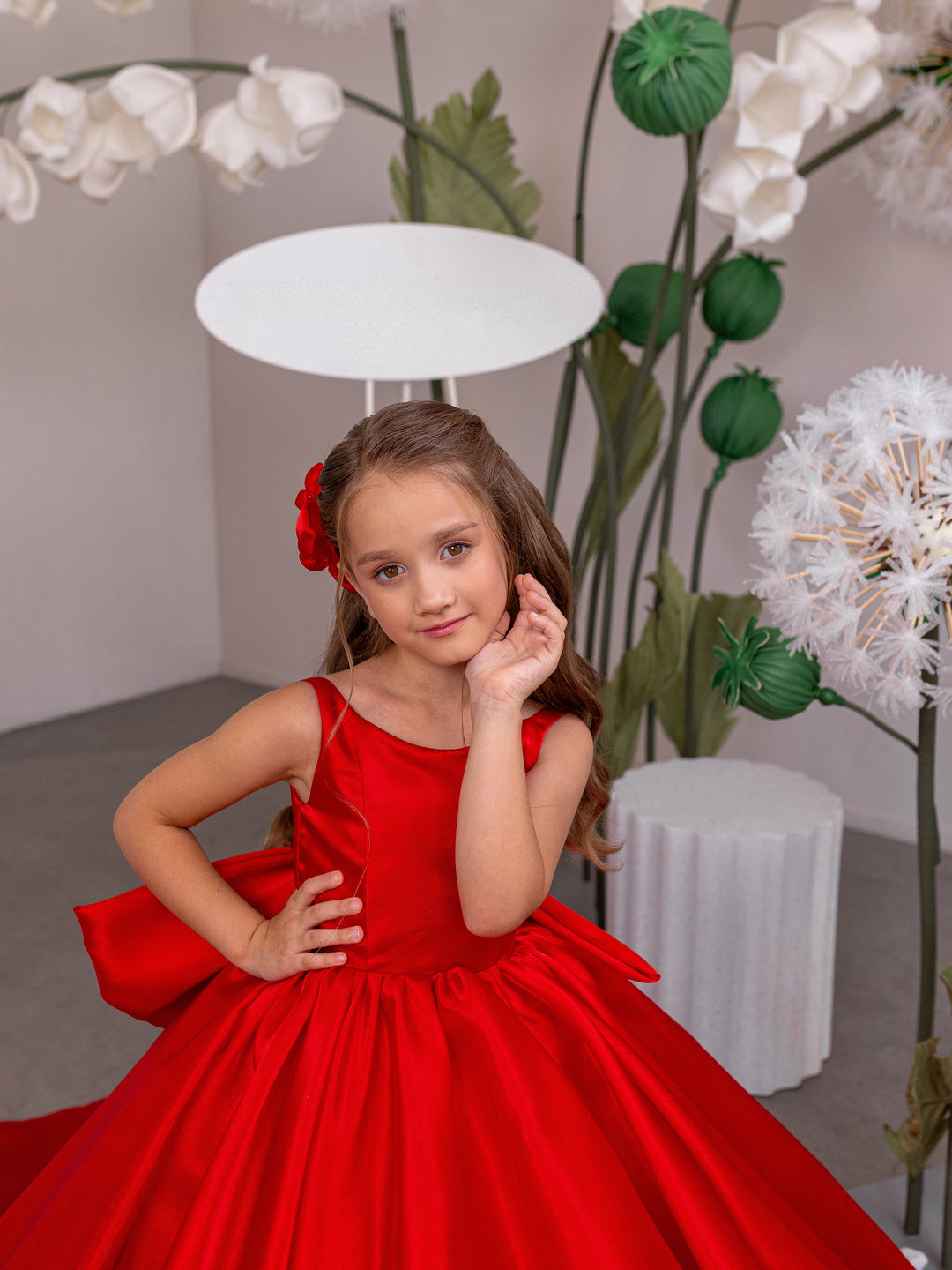TinyTulle Red Satin Sleeveless Ball Gown Flower Girl Dress with Bow