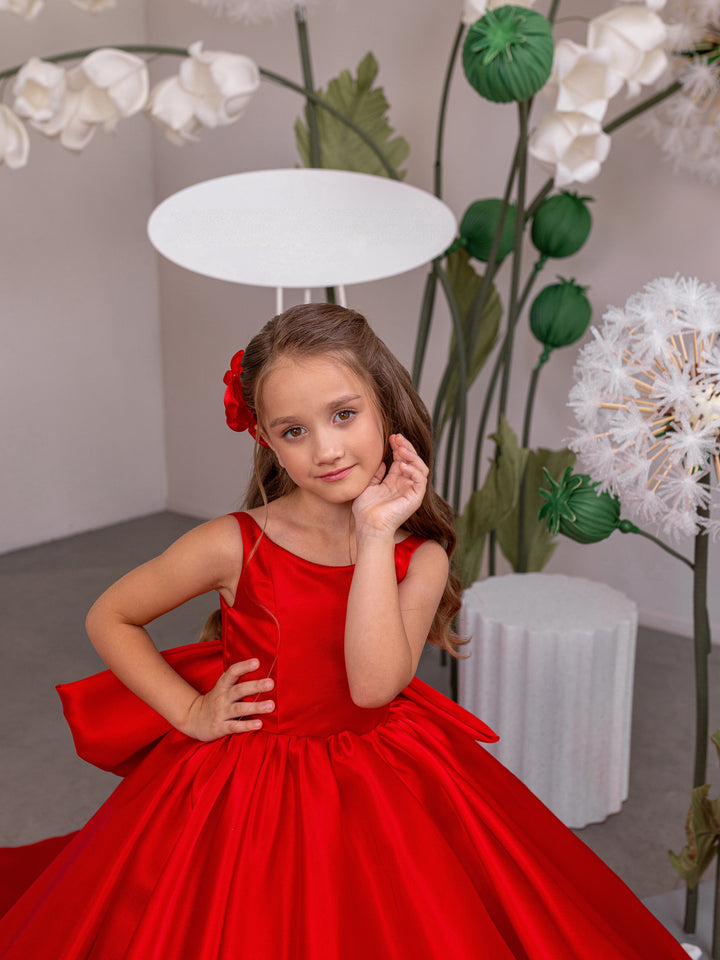 TinyTulle Red Satin Sleeveless Ball Gown Flower Girl Dress with Bow