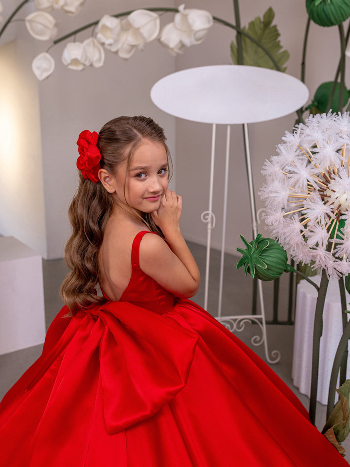 TinyTulle Red Satin Sleeveless Ball Gown Flower Girl Dress with Bow