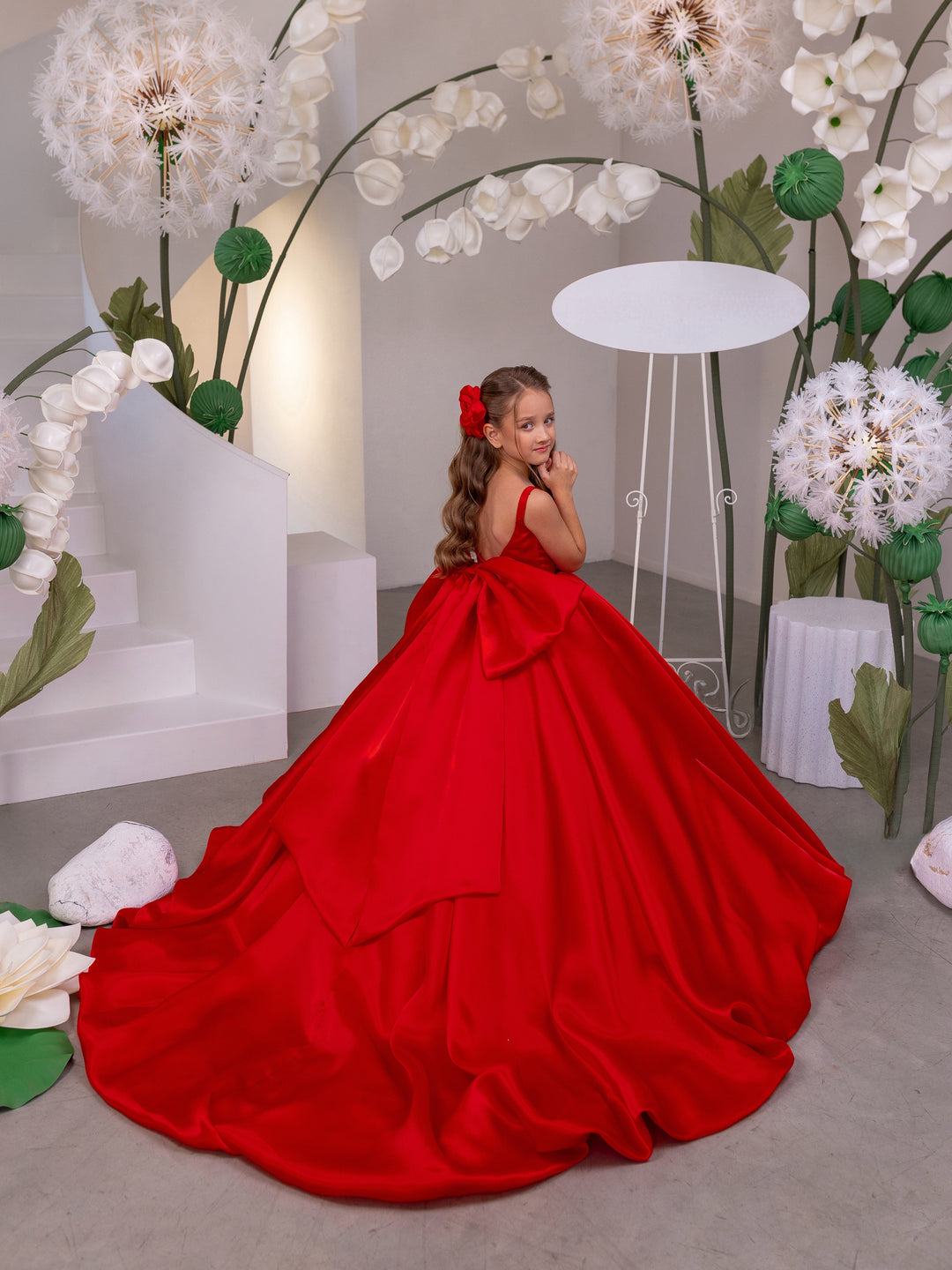 TinyTulle Red Satin Sleeveless Ball Gown Flower Girl Dress with Bow