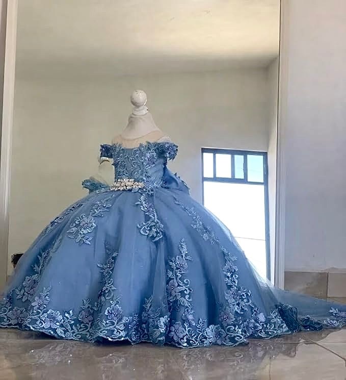 TinyTulle Blue Off Shoulder Floral Lace Applique Tulle Flower Girl Dress with Bow