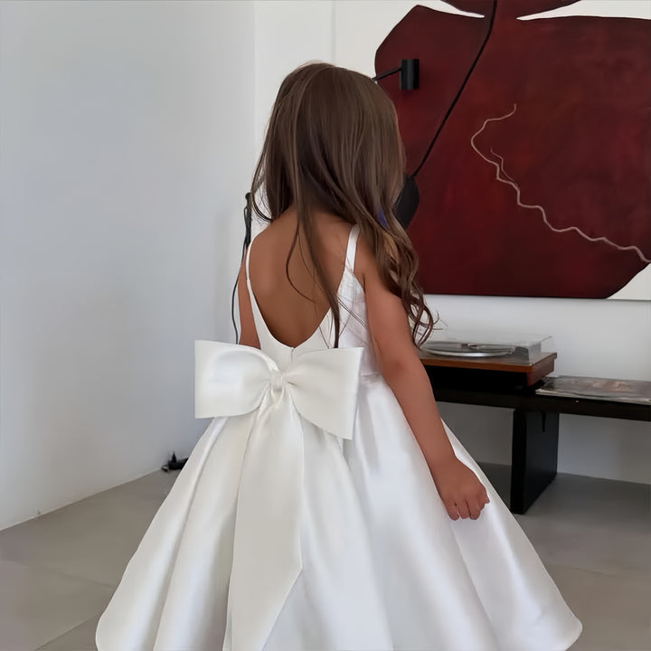 TinyTulle Elegant Satin Sleeveless Wedding Flower Girl Dress with Bow