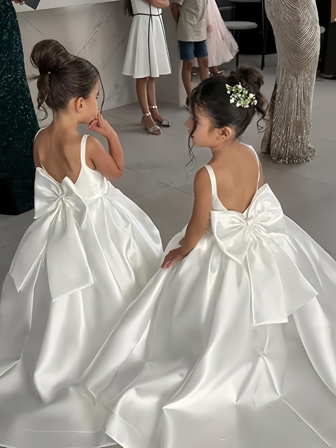 TinyTulle Elegant Satin Sleeveless Wedding Flower Girl Dress with Bow