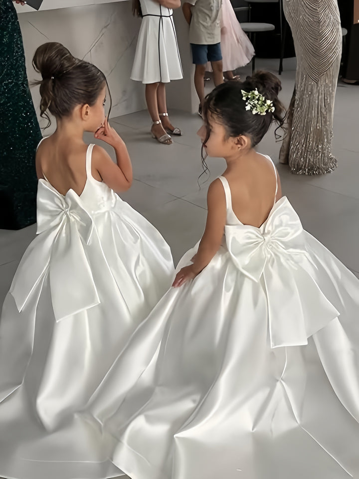 TinyTulle Elegant Satin Sleeveless Wedding Flower Girl Dress with Bow