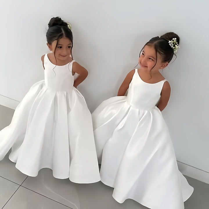 TinyTulle Elegant Satin Sleeveless Wedding Flower Girl Dress with Bow