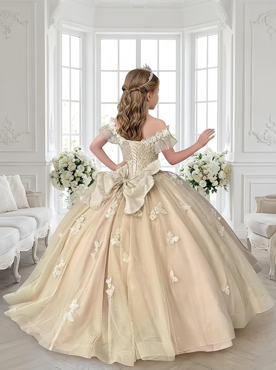 TinyTulle Butterfly Glitter Tulle Flower Girl Dress with Off Shoulder Sleeves &amp; Bow