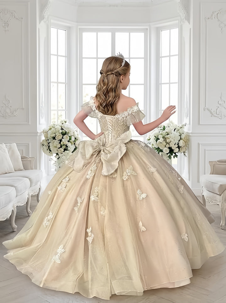 TinyTulle Butterfly Glitter Tulle Flower Girl Dress with Off Shoulder Sleeves &amp; Bow