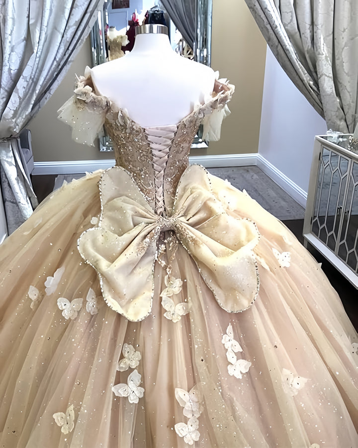 TinyTulle Butterfly Glitter Tulle Flower Girl Dress with Off Shoulder Sleeves &amp; Bow