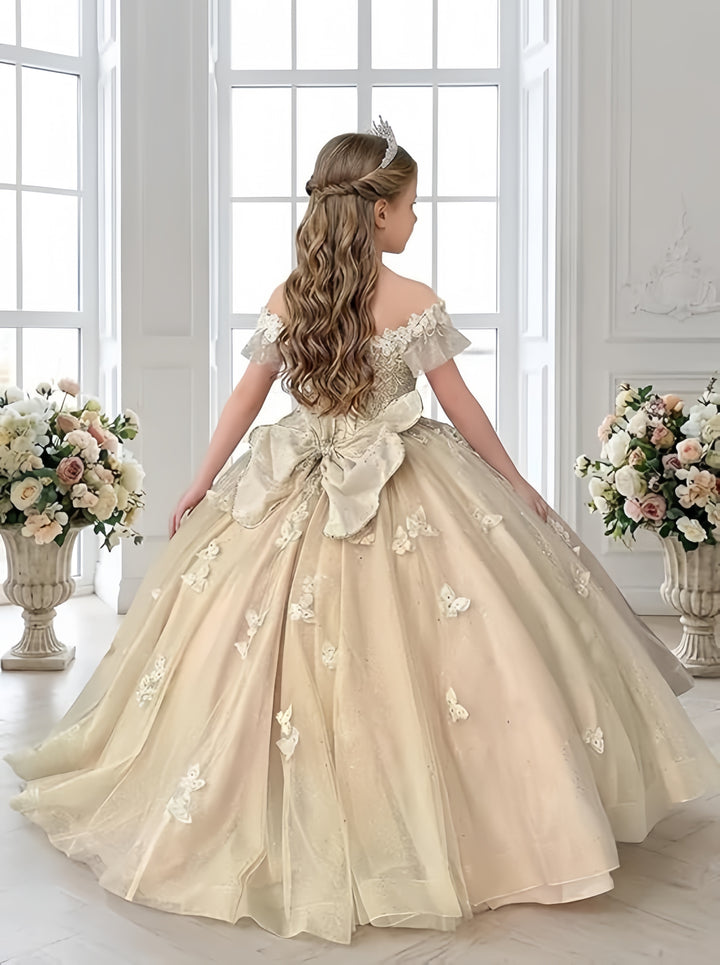 TinyTulle Butterfly Glitter Tulle Flower Girl Dress with Off Shoulder Sleeves &amp; Bow
