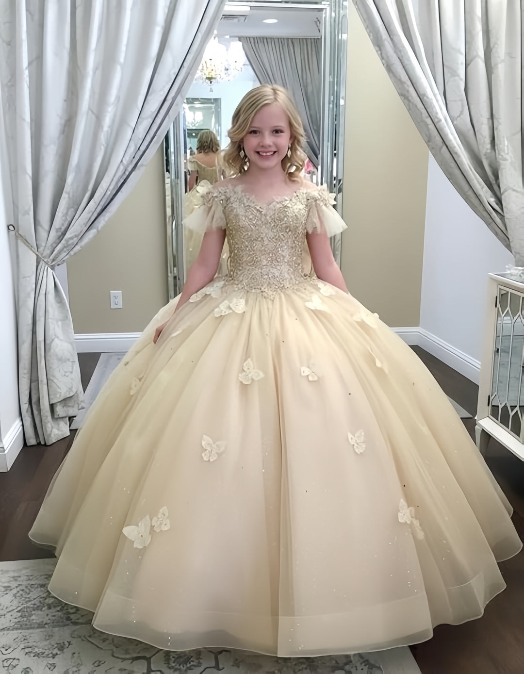 TinyTulle Butterfly Glitter Tulle Flower Girl Dress with Off Shoulder Sleeves &amp; Bow