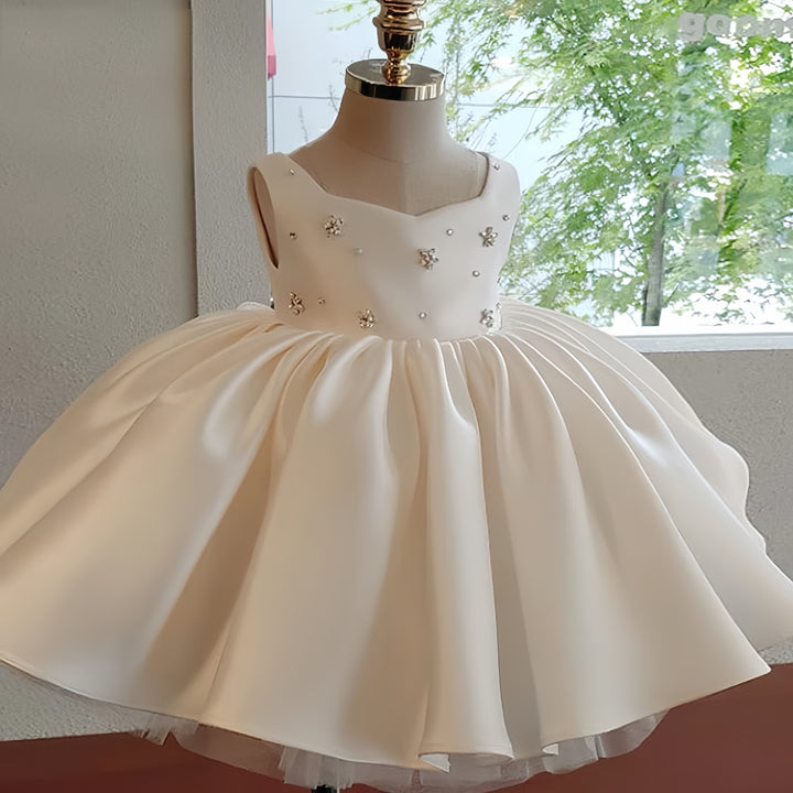 TinyTulle Elegant Sweetheart Neck Satin Flower Girl Dress with Bow and Beaded Details