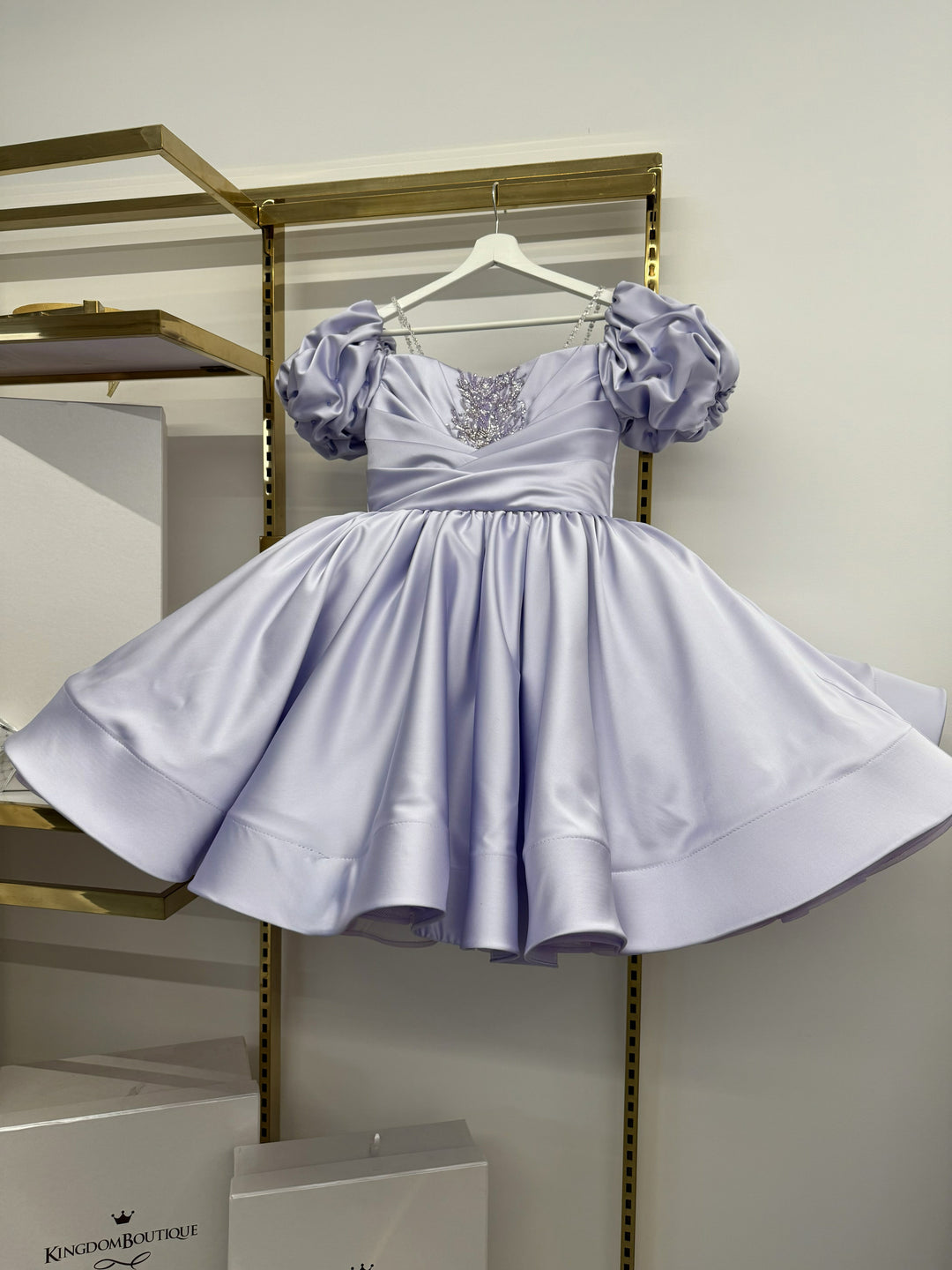 TinyTulle Elegant Sage Satin Puff Sleeve Ball Gown Flower Girl Dress