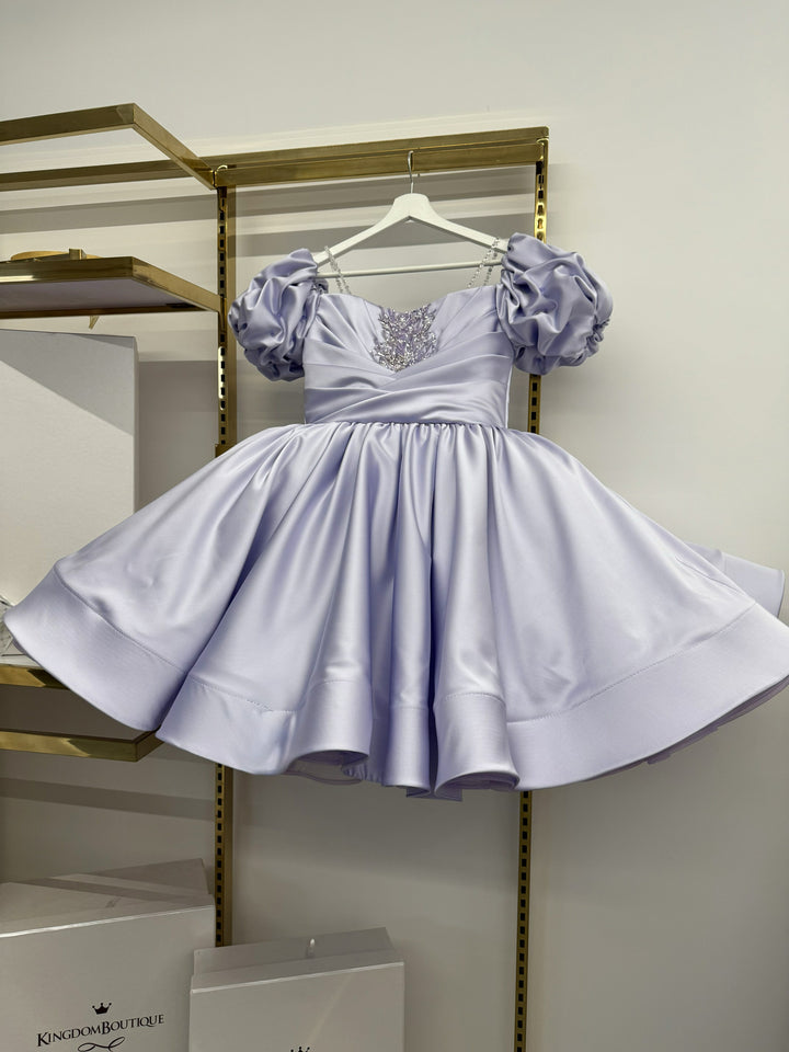 TinyTulle Elegant Sage Satin Puff Sleeve Ball Gown Flower Girl Dress