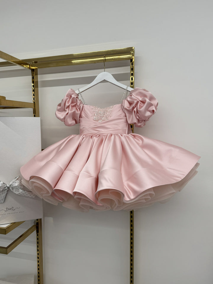 TinyTulle Elegant Sage Satin Puff Sleeve Ball Gown Flower Girl Dress