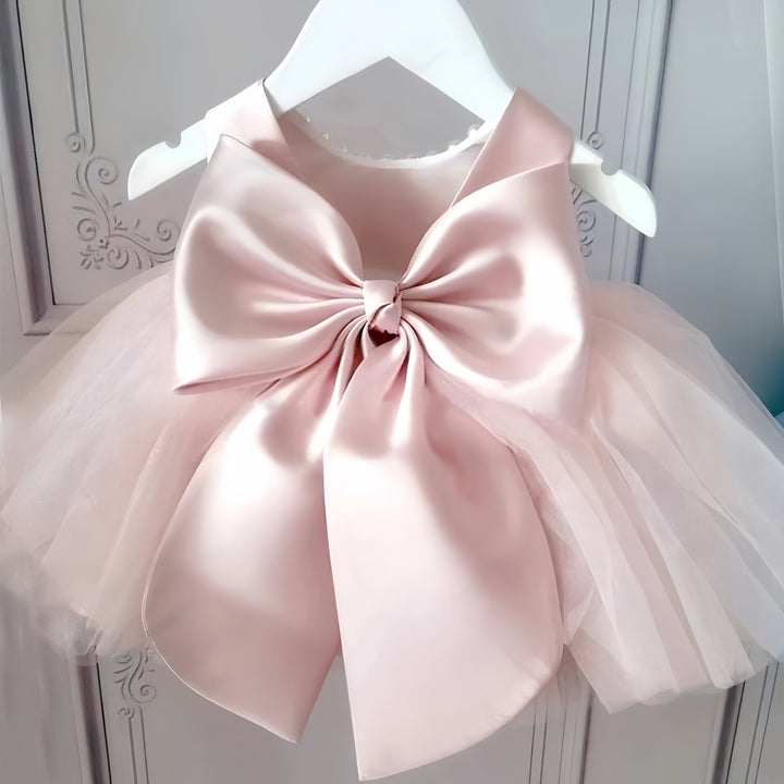 TinyTulle Timeless Elegant Satin Bodice Tulle A-Line Flower Girl Dress with Bow
