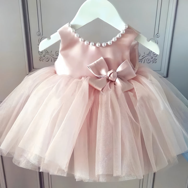 TinyTulle Timeless Elegant Satin Bodice Tulle A-Line Flower Girl Dress with Bow