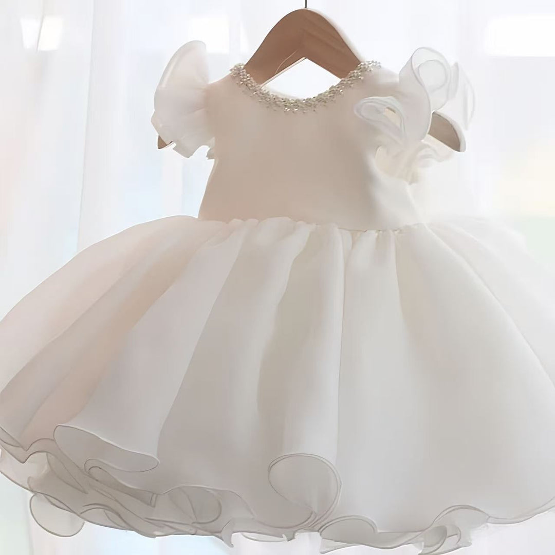 TinyTulle Blush Pink Pearl Neck Princess Flower Girl Dress
