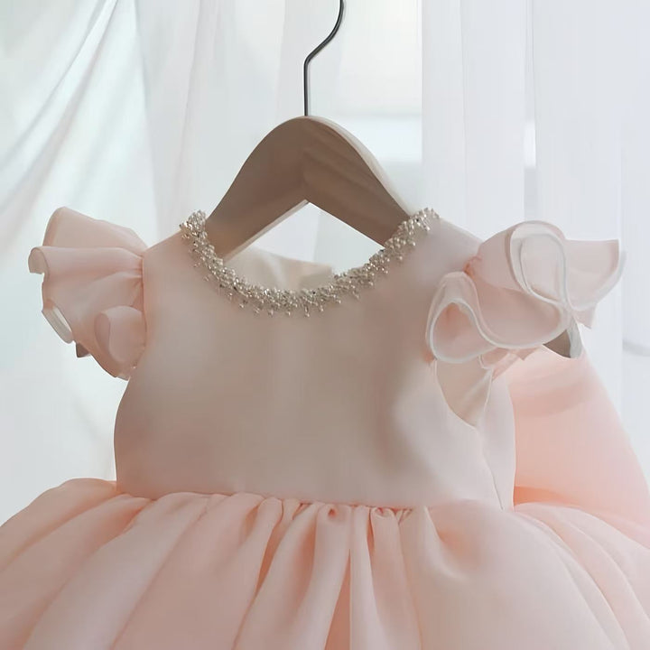 TinyTulle Blush Pink Pearl Neck Princess Flower Girl Dress