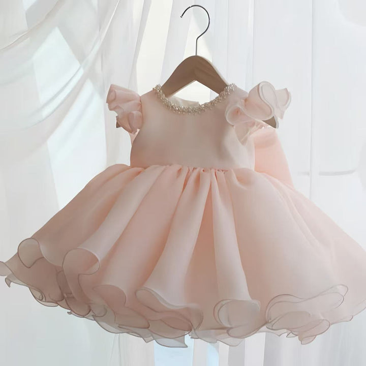 TinyTulle Blush Pink Pearl Neck Princess Flower Girl Dress