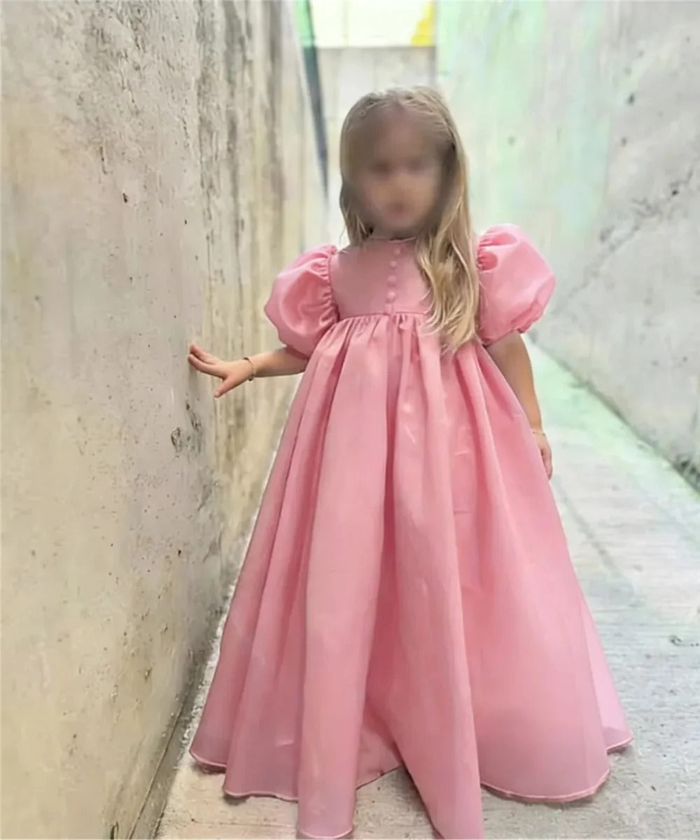 TinyTulle Vintage Puffy Sleeve Satin Princess Flower Girl Dress