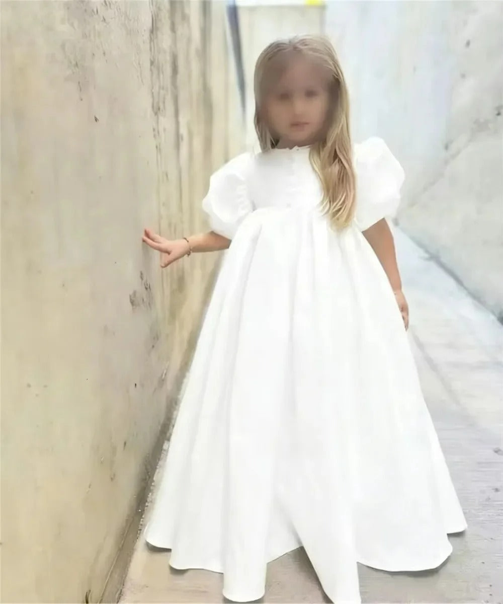 TinyTulle Vintage Puffy Sleeve Satin Princess Flower Girl Dress
