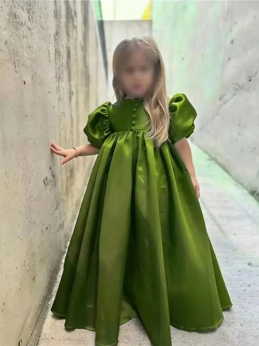 TinyTulle Vintage Puffy Sleeve Satin Princess Flower Girl Dress