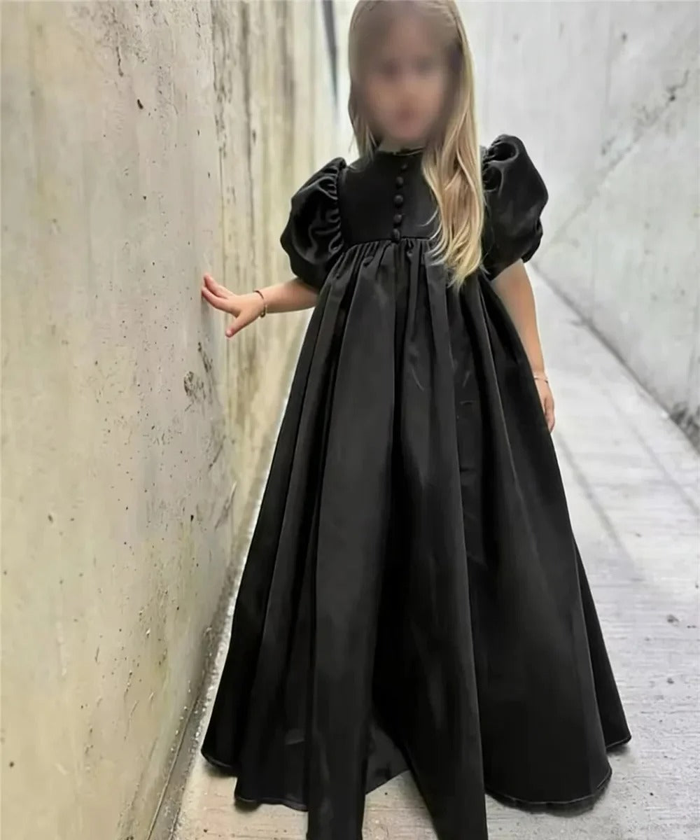 TinyTulle Vintage Puffy Sleeve Satin Princess Flower Girl Dress