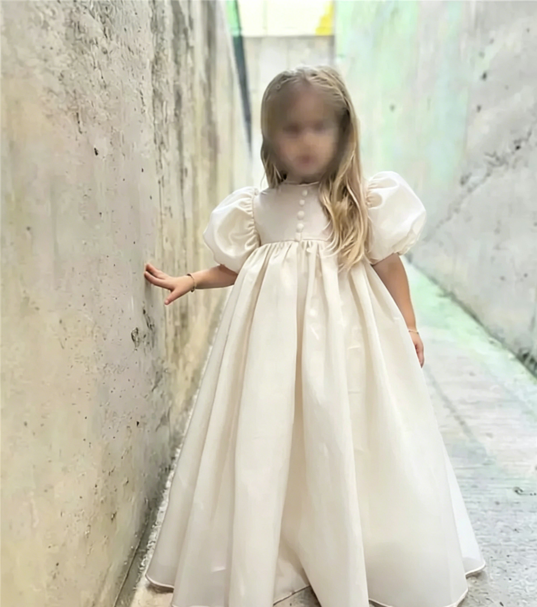 TinyTulle Vintage Puffy Sleeve Satin Princess Flower Girl Dress