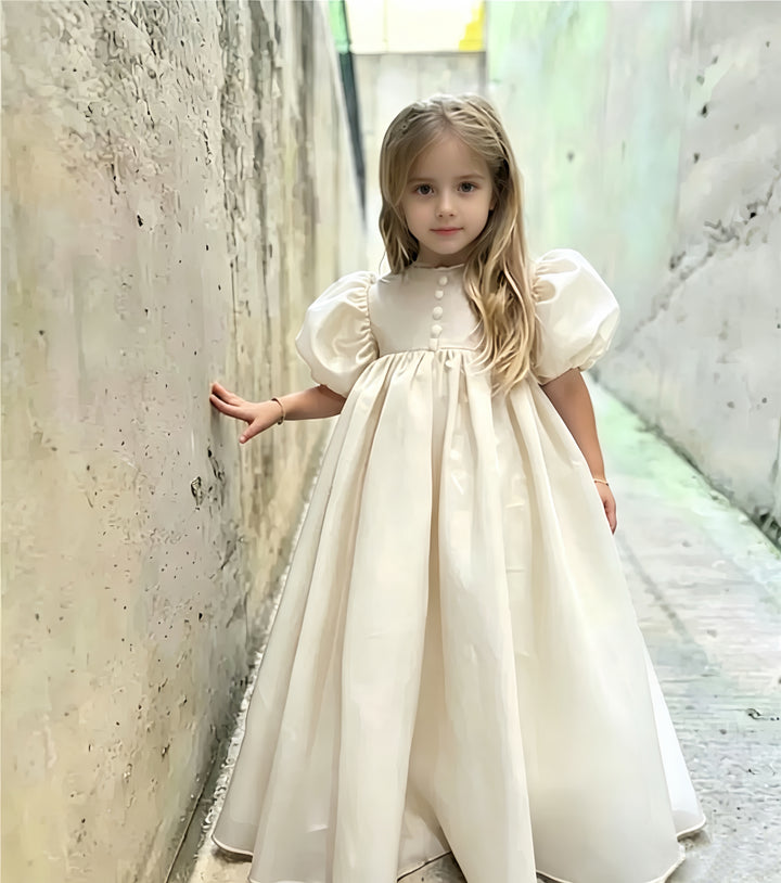 TinyTulle Vintage Puffy Sleeve Satin Princess Flower Girl Dress