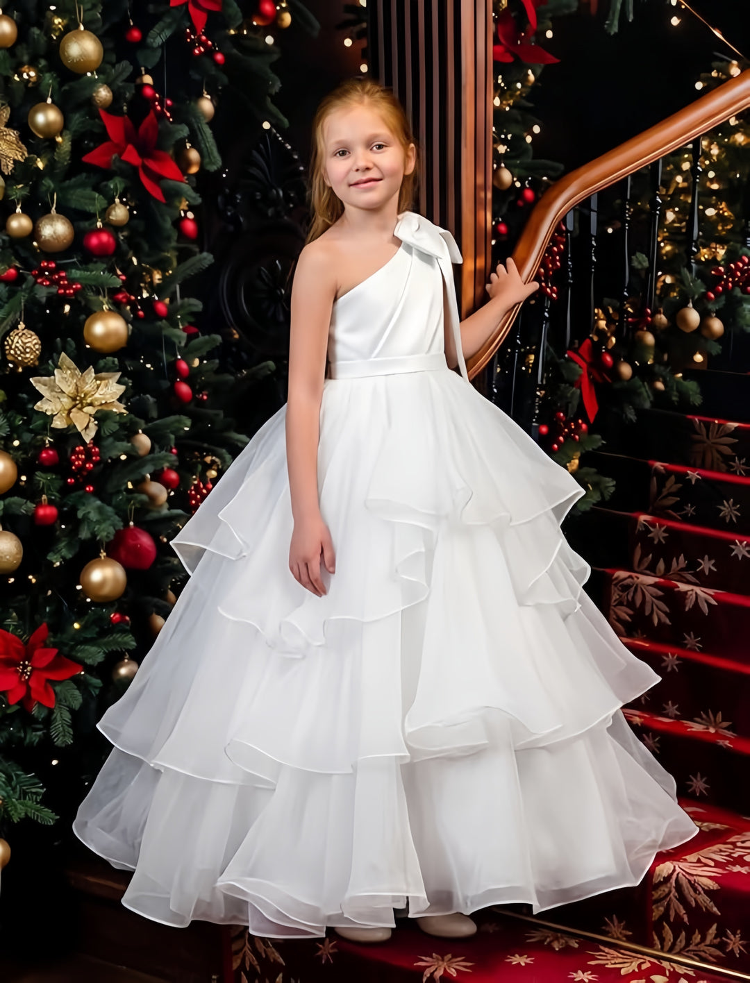 TinyTulle White One-Shoulder Tiered Tulle Flower Girl Gown for Weddings &amp; Special Occasions