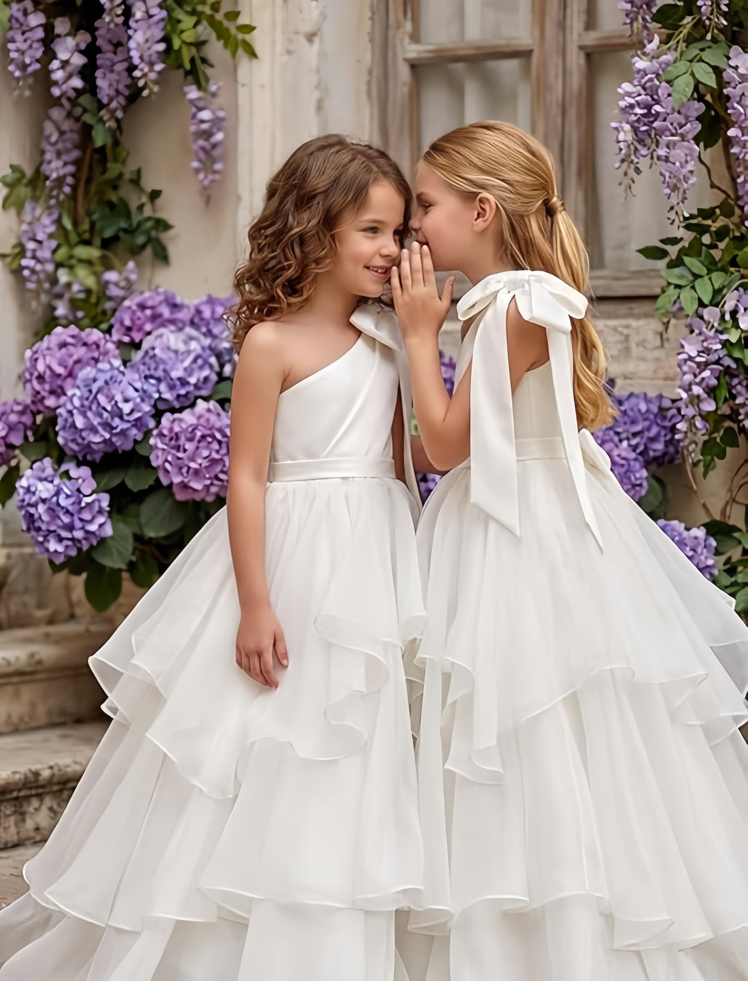 TinyTulle White One-Shoulder Tiered Tulle Flower Girl Gown for Weddings &amp; Special Occasions
